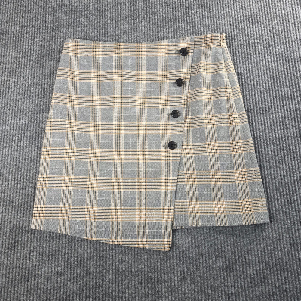 Next Tailoring Grey Mustard Plaid Wrap Front Button Mini Skirt UK 10 US 6